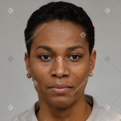 Neutral black young-adult female with short  black hair and brown eyes