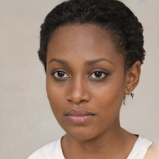 Neutral black young-adult female with short  brown hair and brown eyes