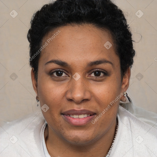 Joyful black young-adult female with short  black hair and brown eyes