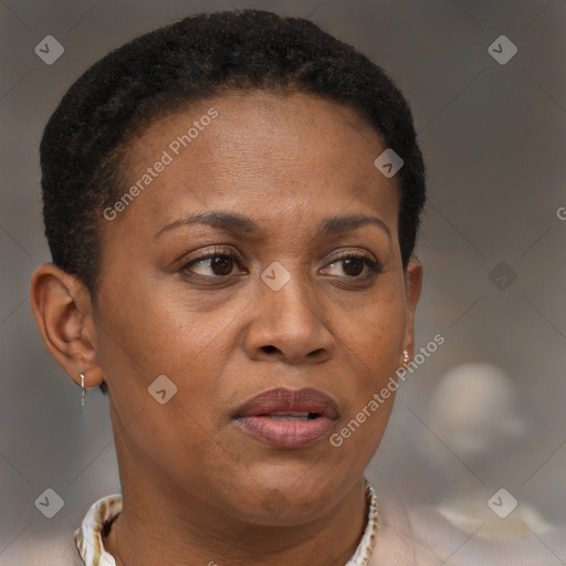 Joyful black adult female with short  brown hair and brown eyes