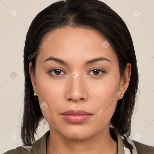 Neutral white young-adult female with medium  brown hair and brown eyes