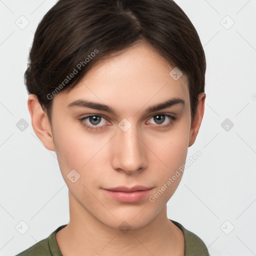 Neutral white young-adult female with short  brown hair and brown eyes