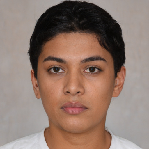 Neutral latino young-adult female with short  black hair and brown eyes