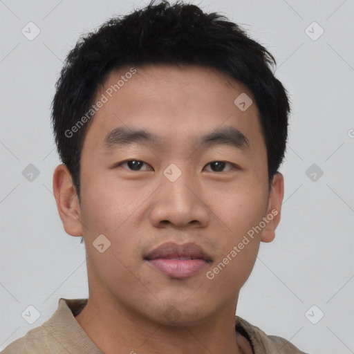 Neutral asian young-adult male with short  brown hair and brown eyes