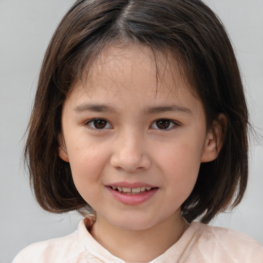 Joyful white child female with medium  brown hair and brown eyes