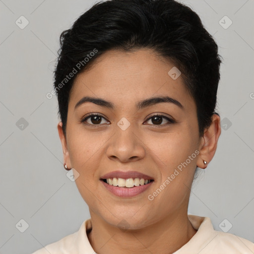 Joyful latino young-adult female with short  brown hair and brown eyes