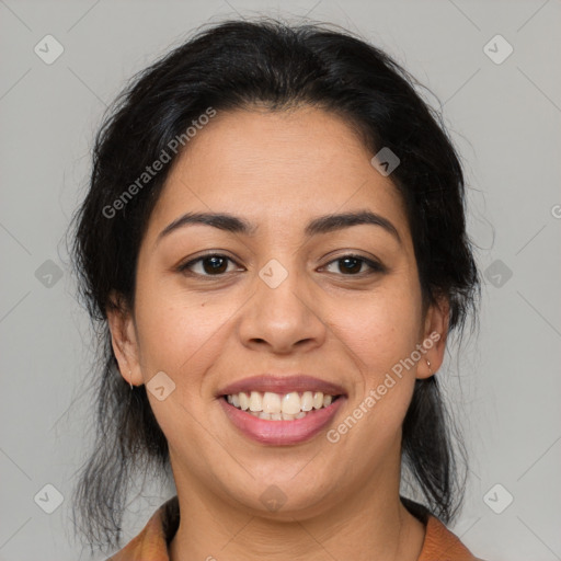 Joyful latino young-adult female with medium  brown hair and brown eyes