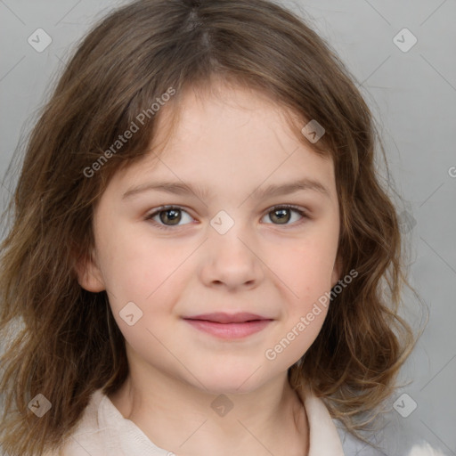 Joyful white child female with medium  brown hair and brown eyes