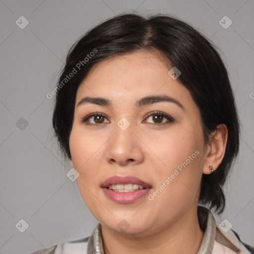 Joyful white young-adult female with medium  brown hair and brown eyes