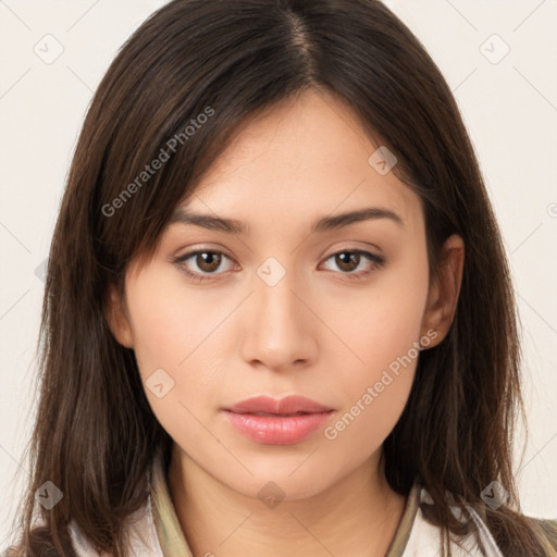 Neutral white young-adult female with long  brown hair and brown eyes