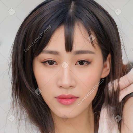 Neutral asian young-adult female with medium  brown hair and brown eyes