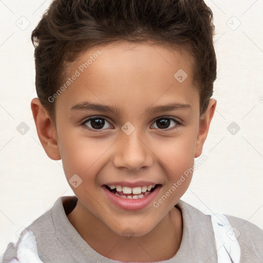 Joyful white child female with short  brown hair and brown eyes