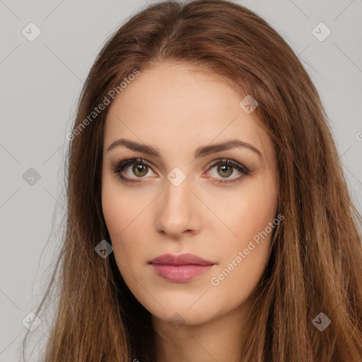 Neutral white young-adult female with long  brown hair and brown eyes