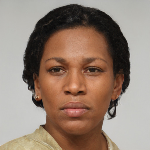 Neutral latino young-adult female with short  black hair and brown eyes