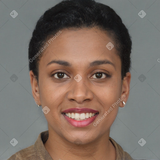 Joyful black young-adult female with short  brown hair and brown eyes