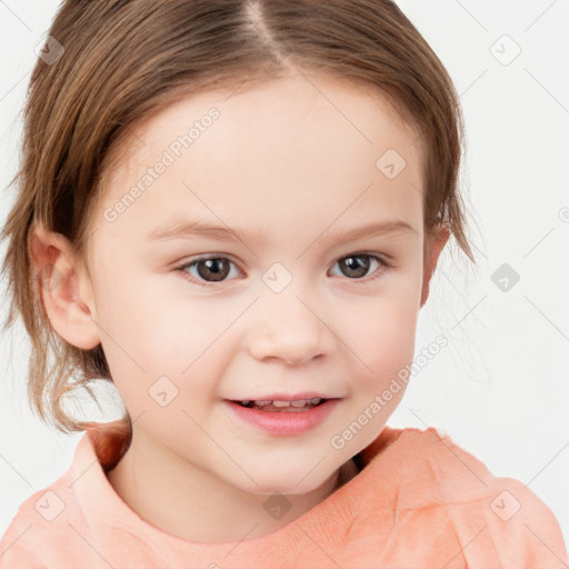 Joyful white child female with medium  brown hair and brown eyes