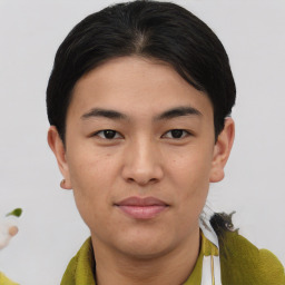 Joyful asian young-adult male with short  brown hair and brown eyes