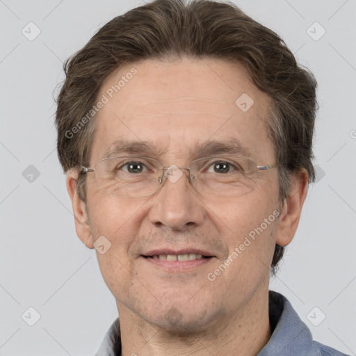 Joyful white adult male with short  brown hair and grey eyes