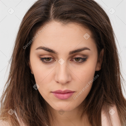 Neutral white young-adult female with long  brown hair and brown eyes