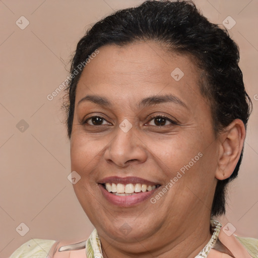 Joyful white adult female with medium  brown hair and brown eyes