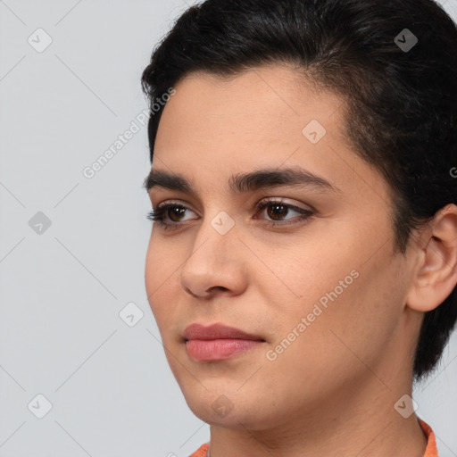 Neutral white young-adult female with medium  brown hair and brown eyes