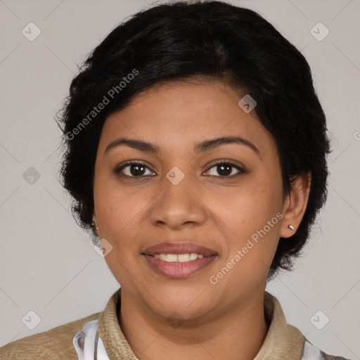 Joyful latino young-adult female with short  brown hair and brown eyes