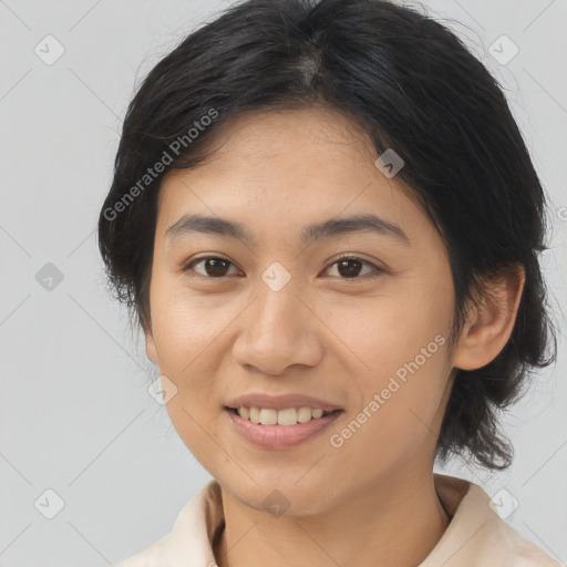 Joyful asian young-adult female with medium  brown hair and brown eyes