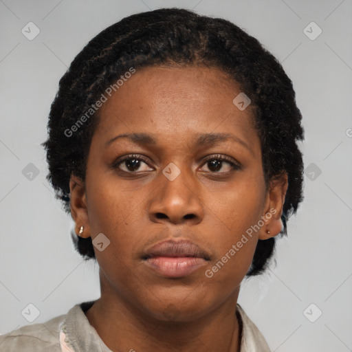 Neutral black young-adult female with short  black hair and brown eyes