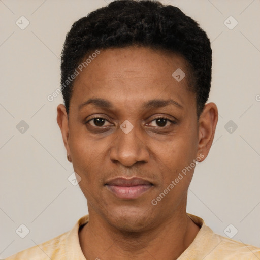 Neutral latino young-adult female with short  black hair and brown eyes