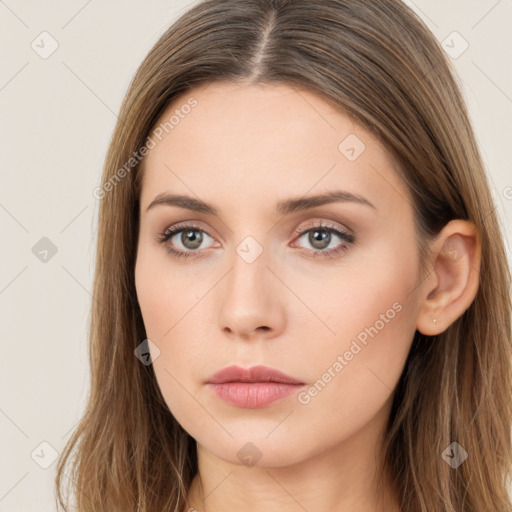 Neutral white young-adult female with long  brown hair and brown eyes