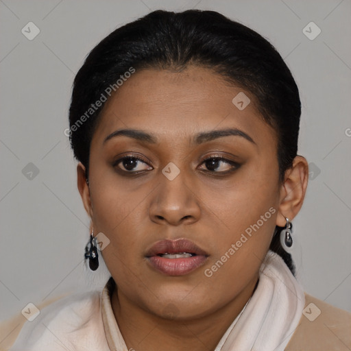 Neutral black young-adult female with medium  brown hair and brown eyes