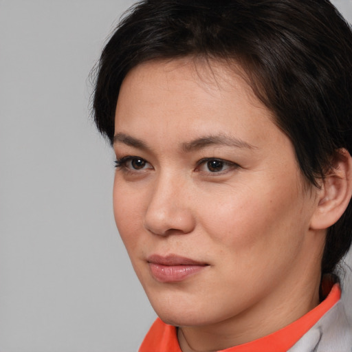 Neutral white young-adult female with short  brown hair and brown eyes
