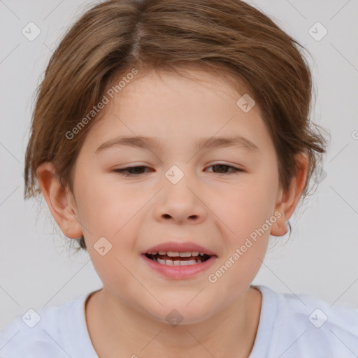 Joyful white child female with medium  brown hair and brown eyes