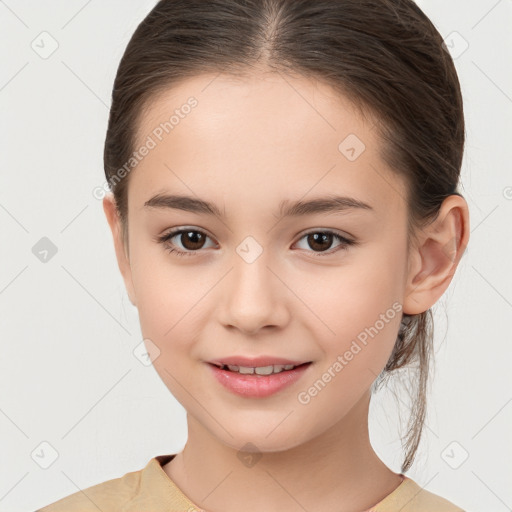 Joyful white child female with medium  brown hair and brown eyes