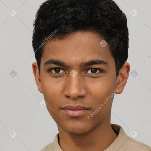 Neutral latino young-adult male with short  brown hair and brown eyes