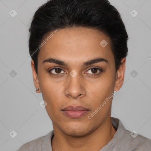 Neutral latino young-adult female with short  black hair and brown eyes