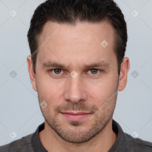 Neutral white adult male with short  brown hair and brown eyes