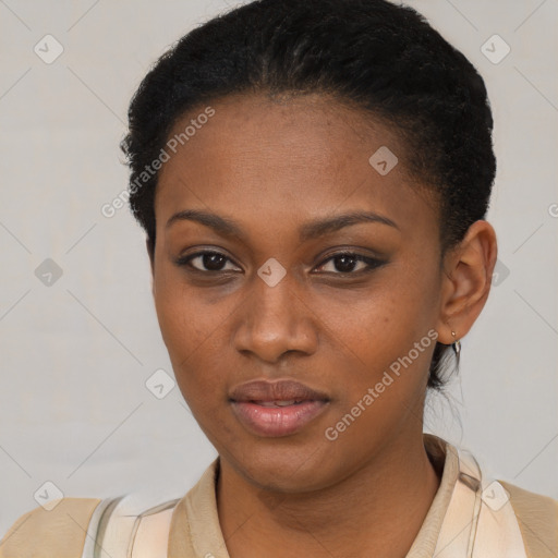 Neutral black young-adult female with short  black hair and brown eyes