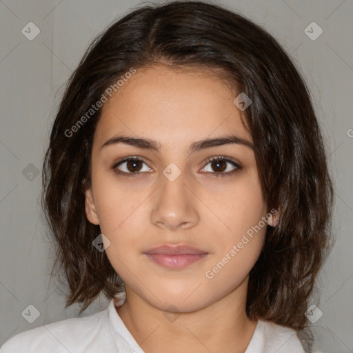 Neutral white young-adult female with medium  brown hair and brown eyes