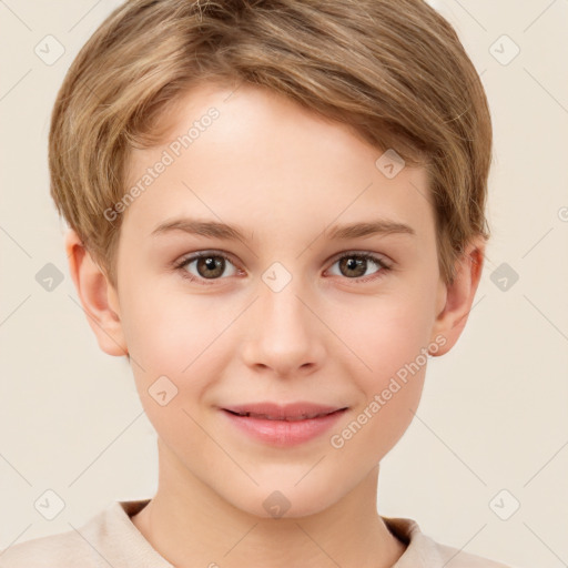 Joyful white child female with short  brown hair and brown eyes