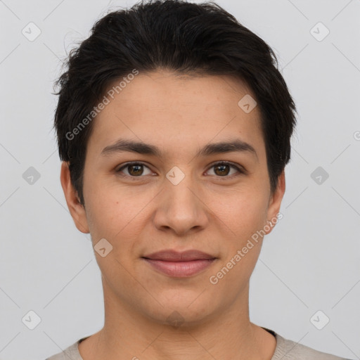 Joyful white young-adult female with short  brown hair and brown eyes