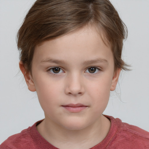 Neutral white child female with medium  brown hair and grey eyes