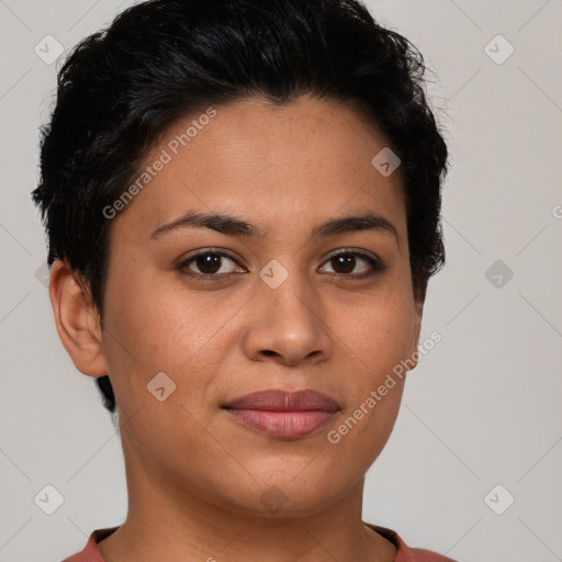 Joyful latino young-adult female with short  brown hair and brown eyes