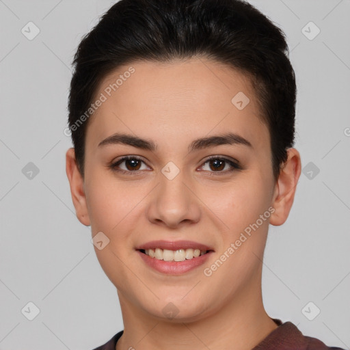 Joyful white young-adult female with short  brown hair and brown eyes