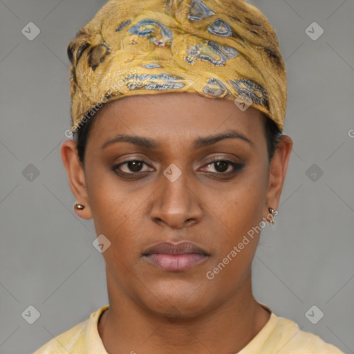 Neutral latino young-adult female with short  brown hair and brown eyes