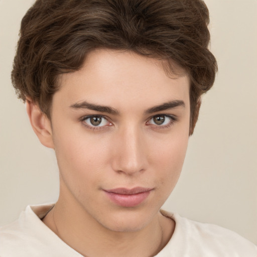 Neutral white young-adult female with short  brown hair and brown eyes