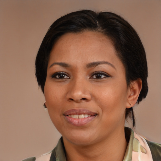 Joyful asian young-adult female with medium  brown hair and brown eyes