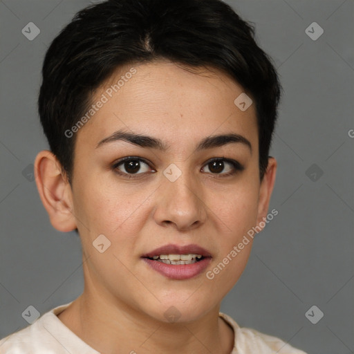 Joyful white young-adult female with short  brown hair and brown eyes