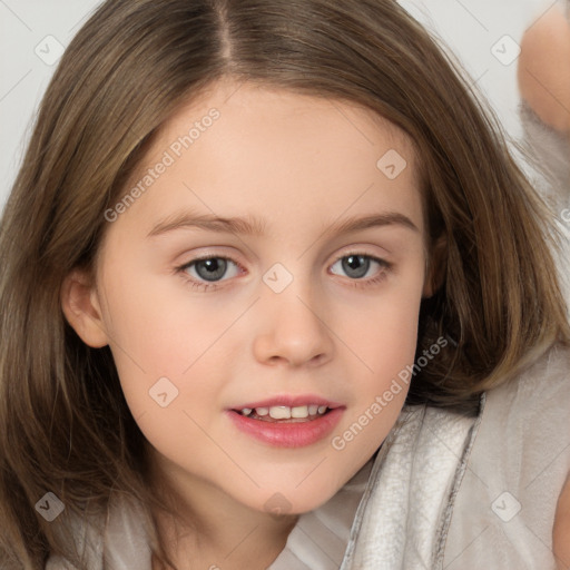 Joyful white child female with long  brown hair and brown eyes