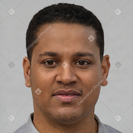 Neutral latino young-adult male with short  brown hair and brown eyes